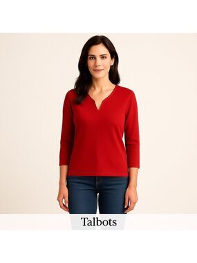 Talbot Silk Top Knit Sweater V Neckmedium Red 3/4 Sleeves Ladies Soft Streetwear